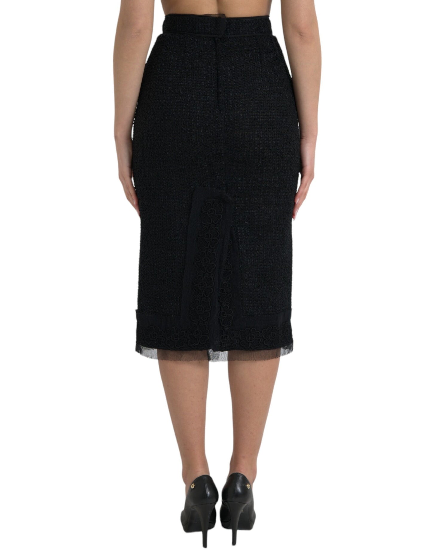 Dolce & Gabbana Black Wool High Waist Pencil Cut Midi Skirt