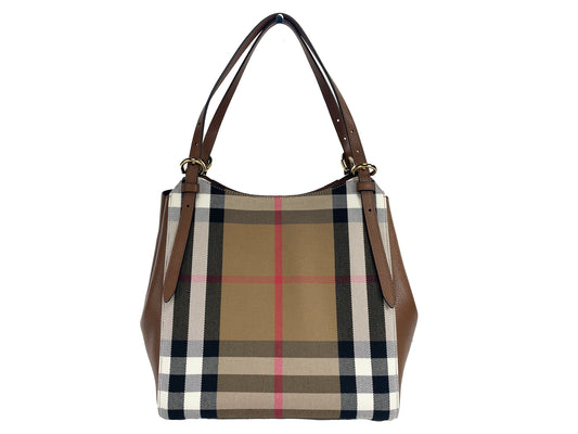 Burberry Small Canterby Tan Leather Check Canvas Tote Bag Purse