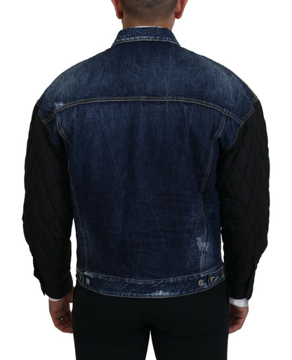 Dsquared² Blue Denim Black Sleeves Men Jacket Cotton Bomber