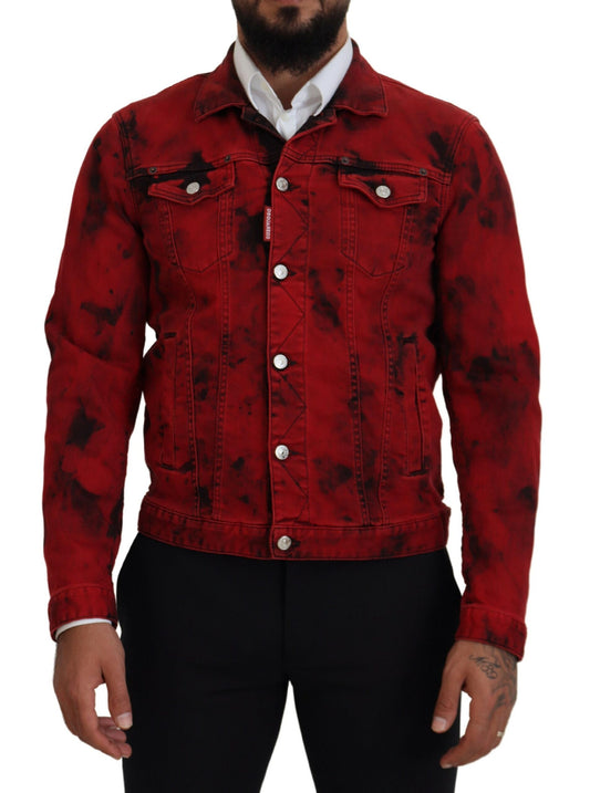 Dsquared² Red Black Tie Dye Collared Men Denim Jacket