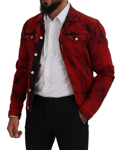 Dsquared² Red Black Tie Dye Collared Men Denim Jacket