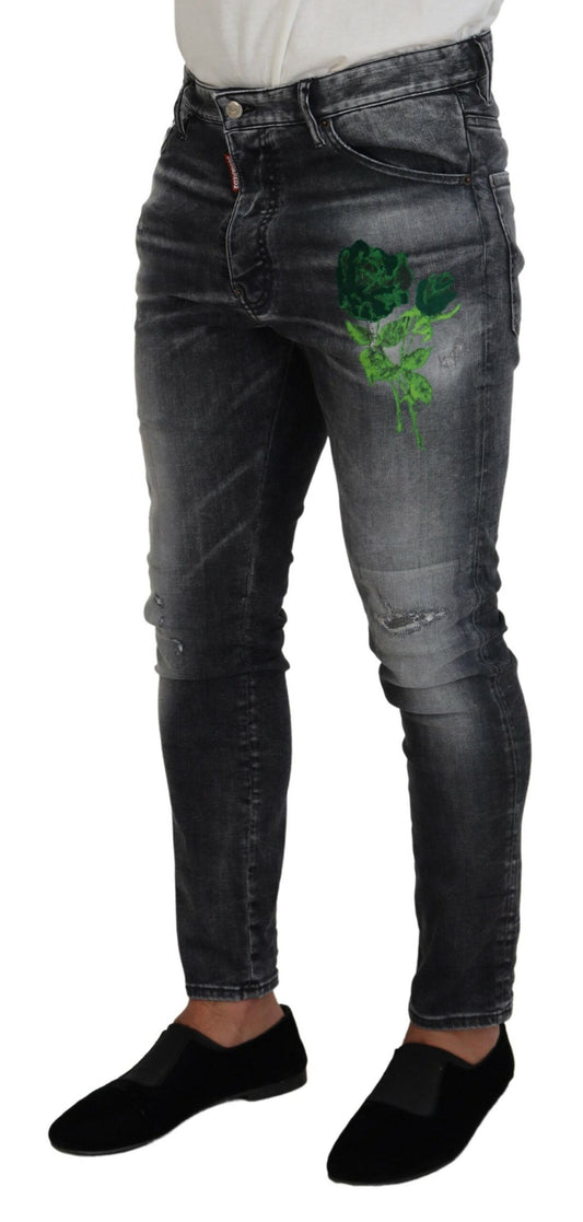 Dsquared² Gray Washed Green Print Skinny Casual Denim Jeans