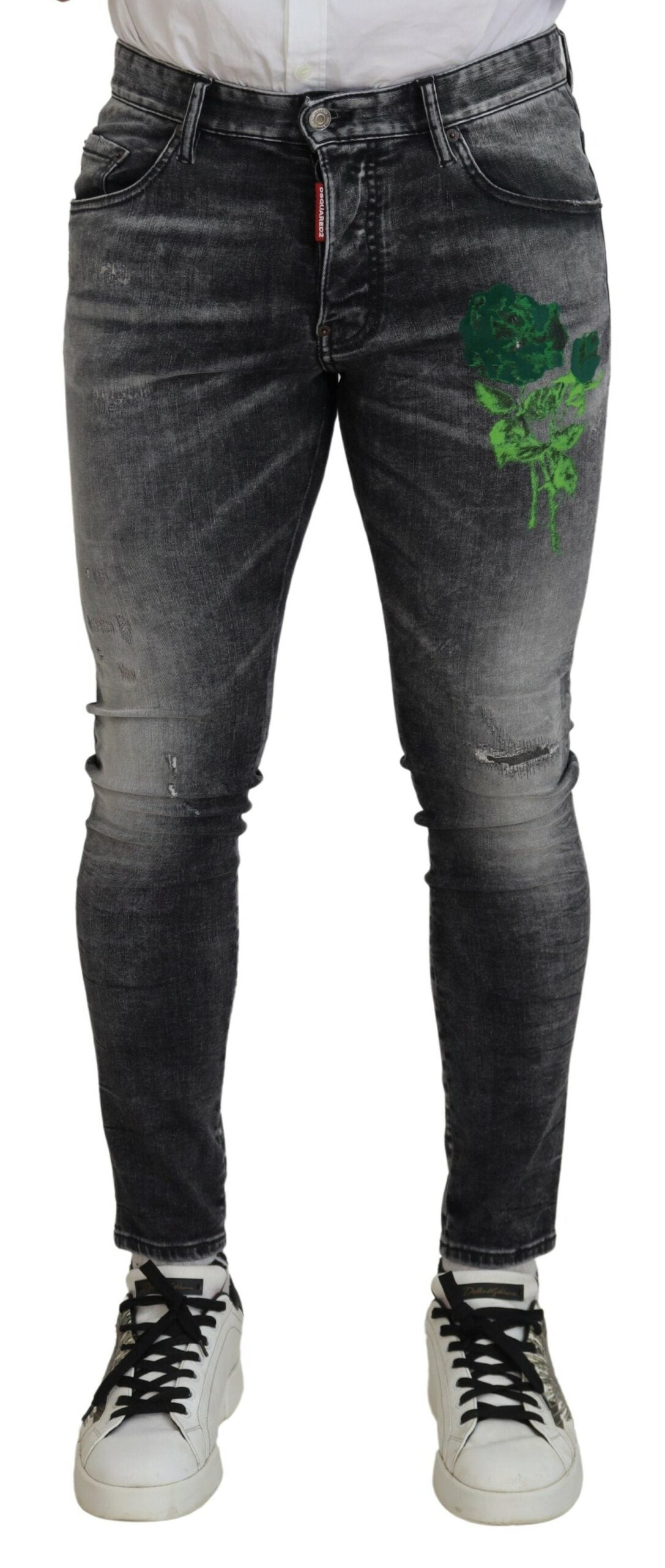 Dsquared² Gray Washed Green Print Skinny Casual Denim Jeans