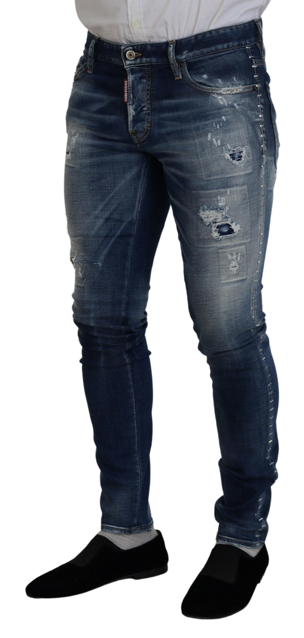 Dsquared² Blue Washed Cotton Tattered Skinny Denim Jeans