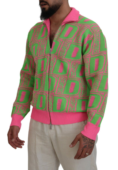 Dsquared² Pink Green Collared Long Sleeves Full Zip Sweater