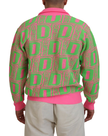 Dsquared² Pink Green Collared Long Sleeves Full Zip Sweater