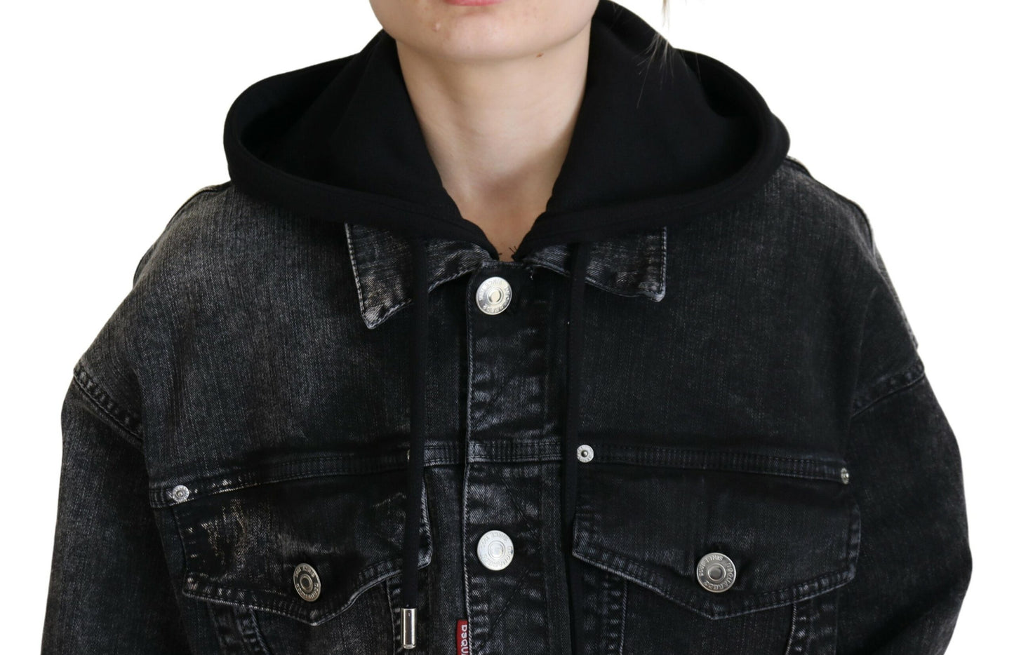 Dsquared² Black Washed Hooded Women Long Denim Blazer Jacket