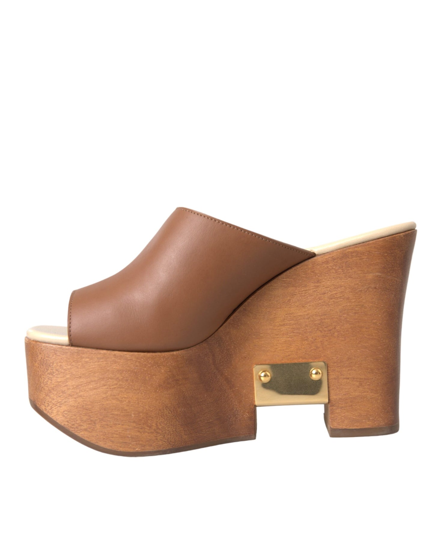 Dolce & Gabbana Brown Leather Wood Mules Wedge Slides Shoes