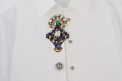 Dolce & Gabbana White Cotton Crystals Shirt Embellished Top