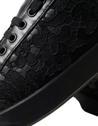 Dolce & Gabbana Black Floral Lace Leather Women Sneakers Shoes