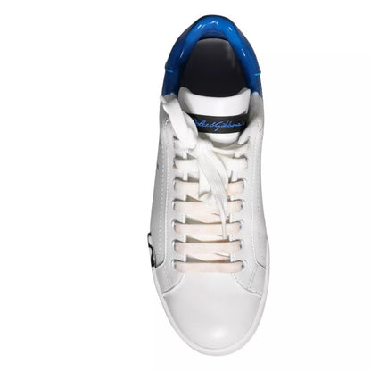 Dolce & Gabbana White Blue Leather Logo Low Top Sneakers Men Shoes