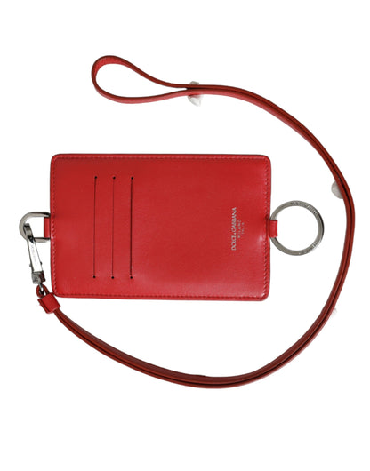 Dolce & Gabbana Red Calfskin Leather Lanyard Logo Card Holder Wallet