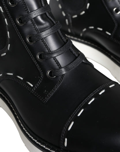 Dolce & Gabbana Black Leather Combat Mid Calf Boots Shoes