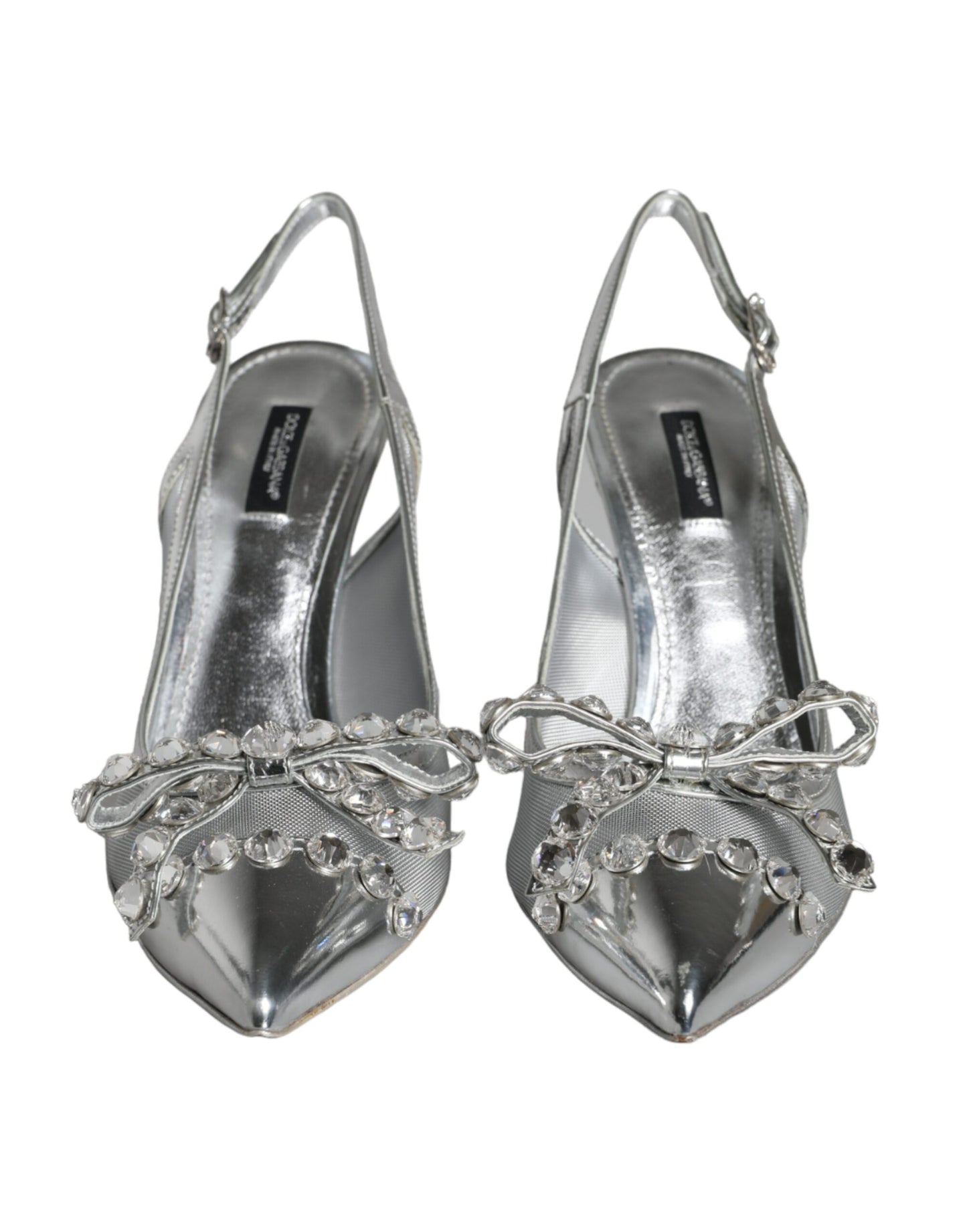 Dolce & Gabbana Silver Mesh Crystal Embellished Slingback Shoes