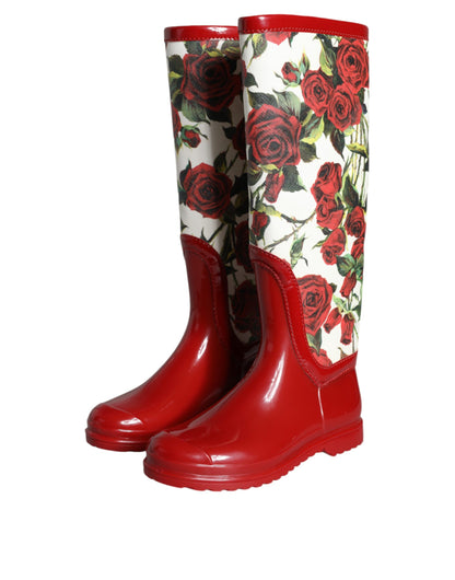 Dolce & Gabbana Red Floral Rubber Knee High Flat Boots Shoes