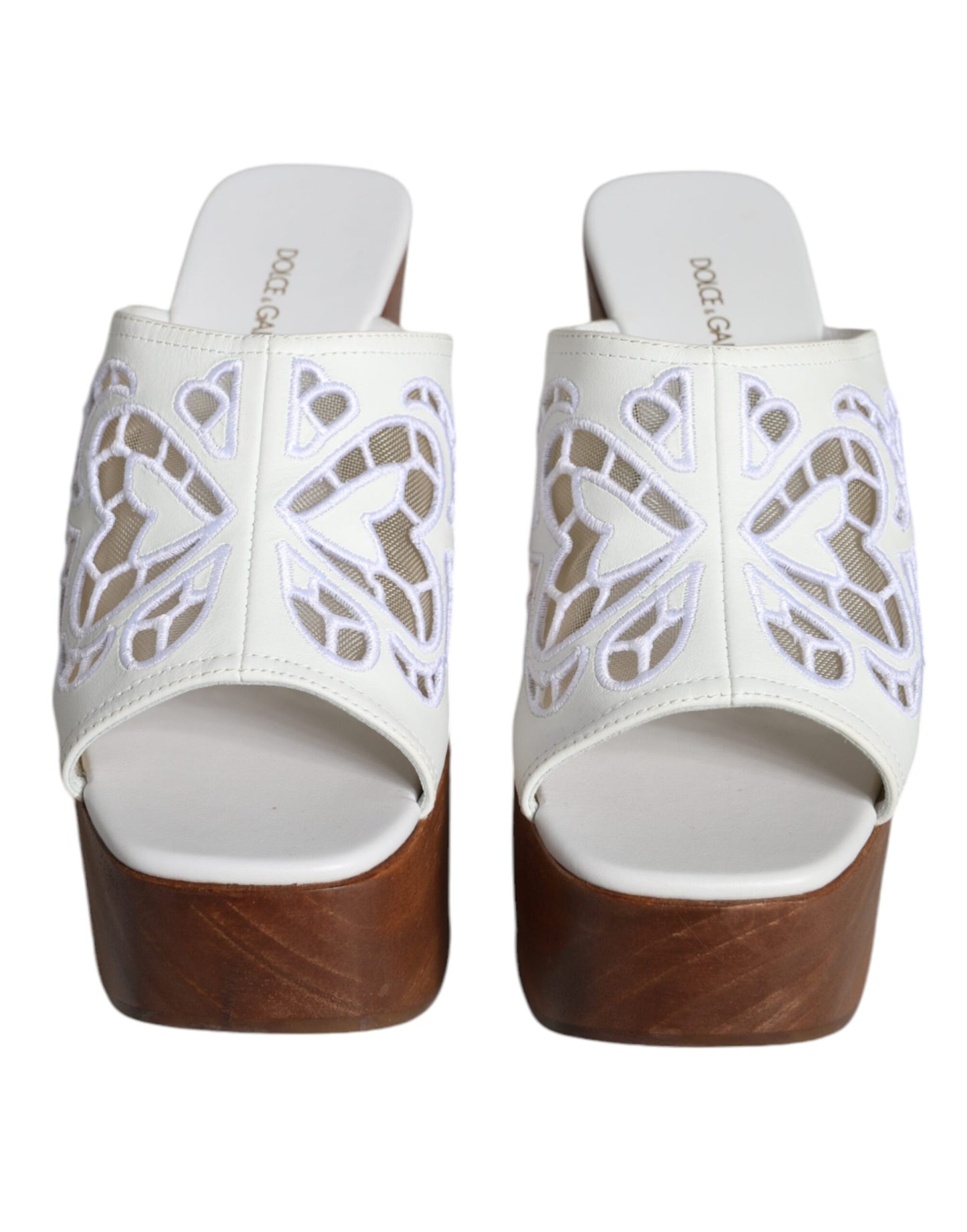 Dolce & Gabbana White Leather Wood Mules Wedge Slides Shoes