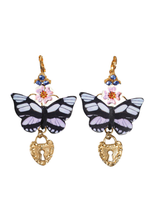 Dolce & Gabbana Gold Purple Crystal Butterfly Heart Locket Earrings