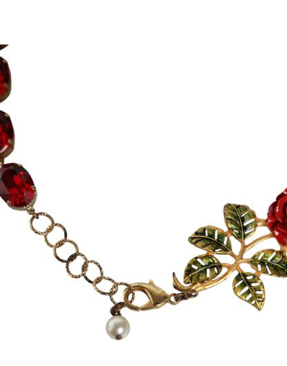 Dolce & Gabbana Gold Chain Brass Red Rose Crystal Embellished Necklace