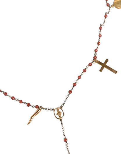 Dolce & Gabbana Gold Chain Brass Beaded Rosary Cross Pendant Necklace