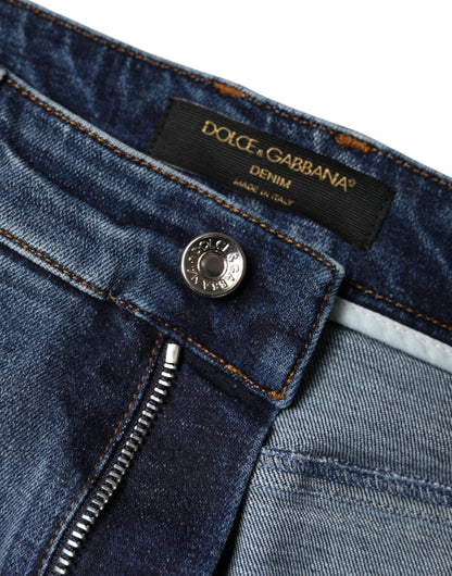 Dolce & Gabbana Dark Blue Cotton Tattered Skinny Denim Jeans