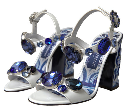 Dolce & Gabbana Elegant White & Blue Gemstone Embellished Sandals