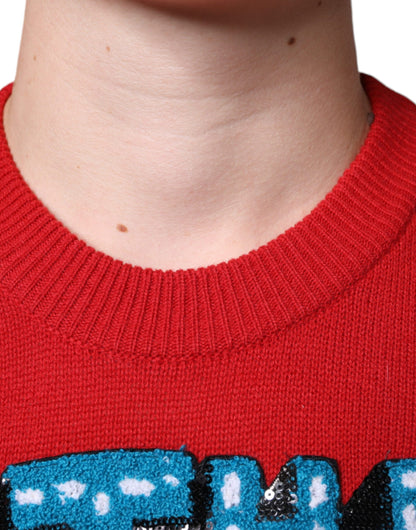 Dolce & Gabbana Red I'm The King Wool Crew Neck Sweatshirt Sweater