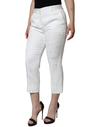 Dolce & Gabbana White Floral Brocade Cotton Cropped Pants