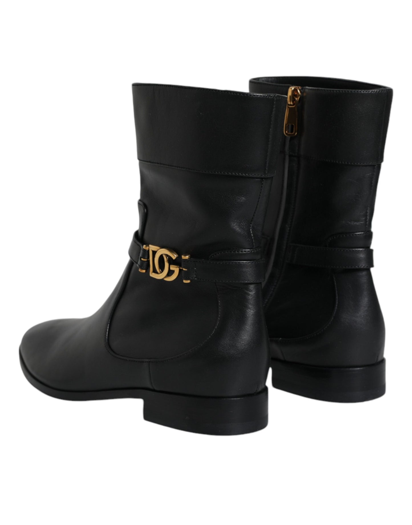 Dolce & Gabbana Black Leather Logo Mid Calf Boots Shoes