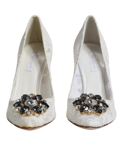 Dolce & Gabbana White Taormina Lace Crystal Heel Pumps Shoes