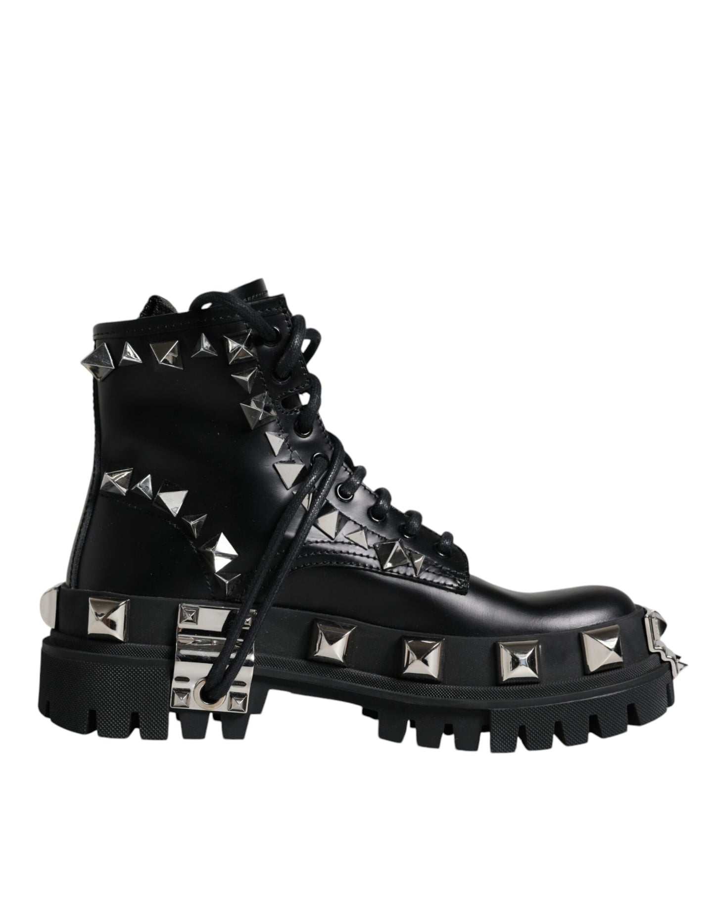 Dolce & Gabbana Black Leather Studded Trekking Boots Shoes