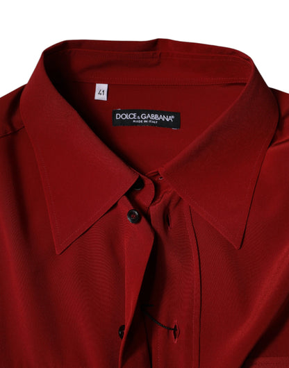 Dolce & Gabbana Red Pink Silk Collared Button Down Shirt