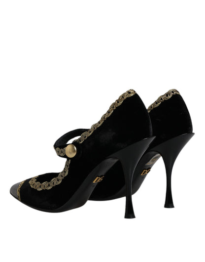 Dolce & Gabbana Black Velvet Gold Mary Janes Pumps Shoes