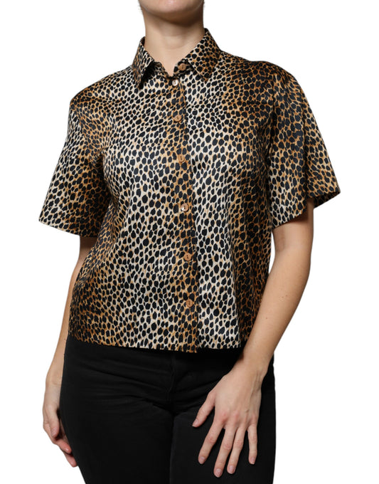 Dolce & Gabbana Brown Leopard Print Short Sleeves Blouse Top