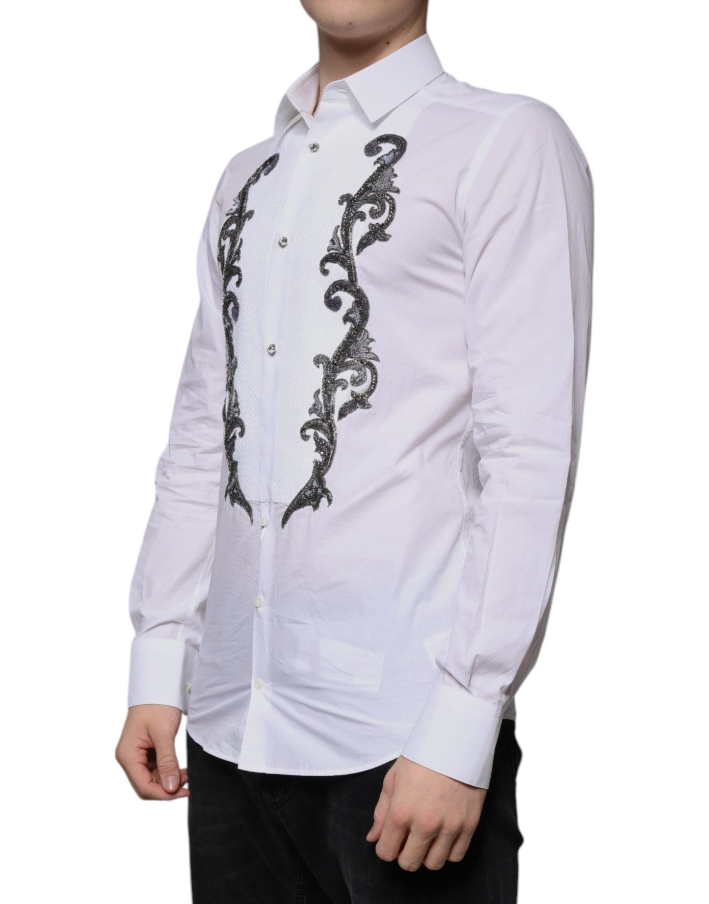 Dolce & Gabbana White Slim Fit Baroque GOLD Men Dress Shirt