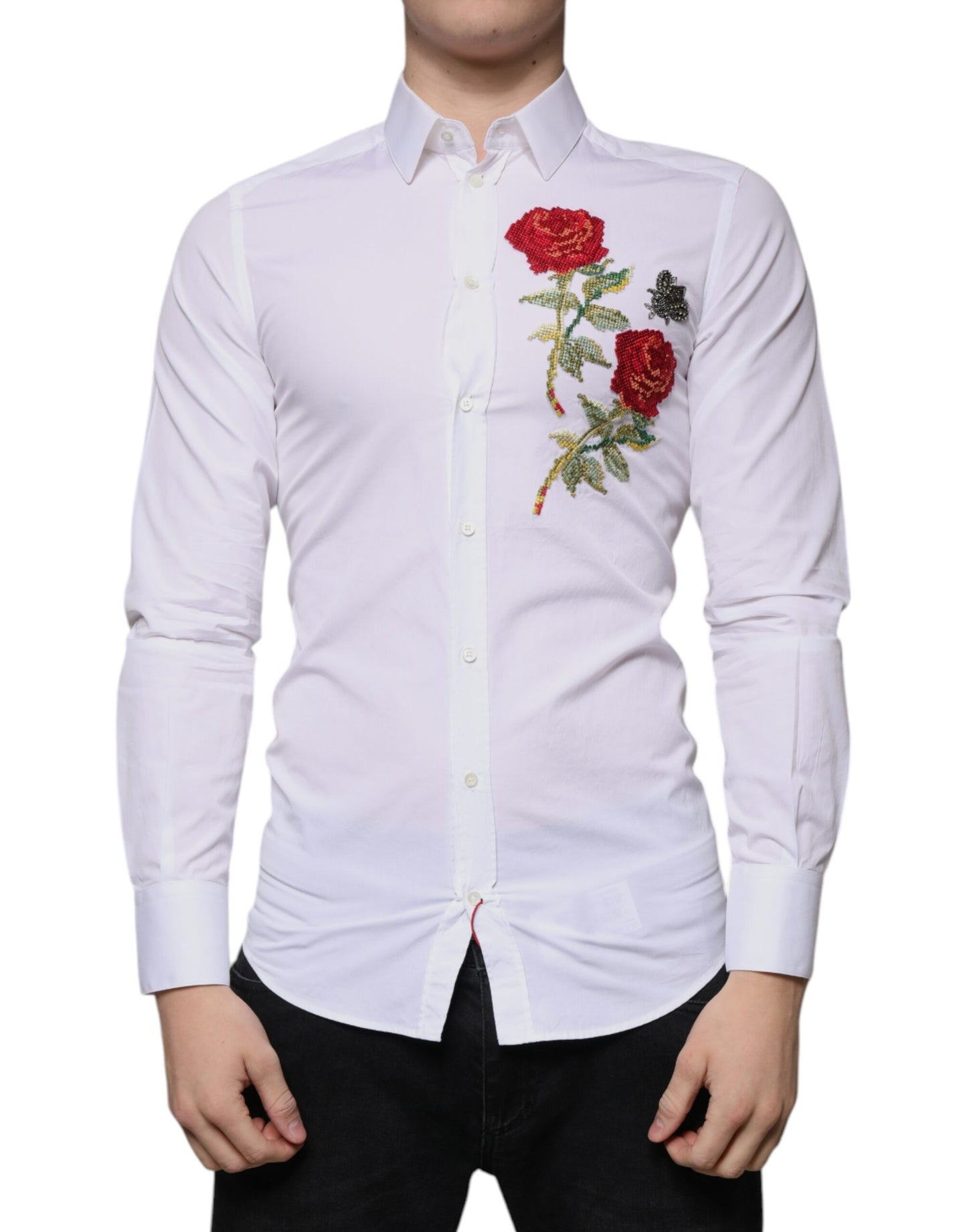 Dolce & Gabbana White Floral Embroidery GOLD Men Dress Shirt