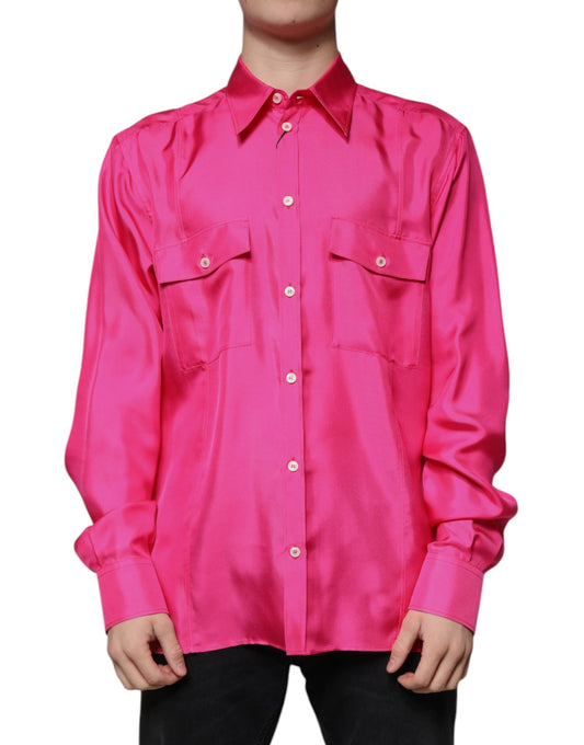 Dolce & Gabbana Pink Silk Collared Button Down Men Shirt