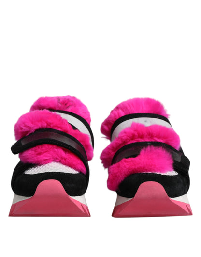 Dolce & Gabbana Black Pink Fur Embellished Sneakers Shoes