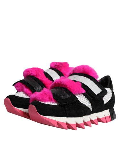 Dolce & Gabbana Black Pink Fur Embellished Sneakers Shoes