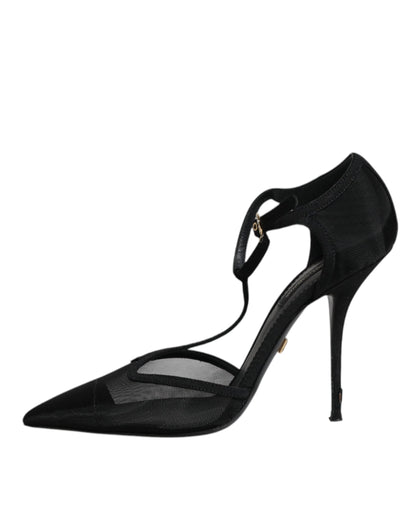 Dolce & Gabbana Black Mesh T-strap Stiletto High Heels Shoes