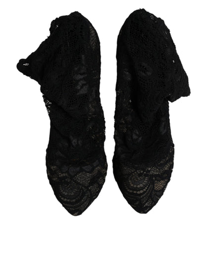 Dolce & Gabbana Black Lace Stretch Heels Mid Calf Boots Shoes