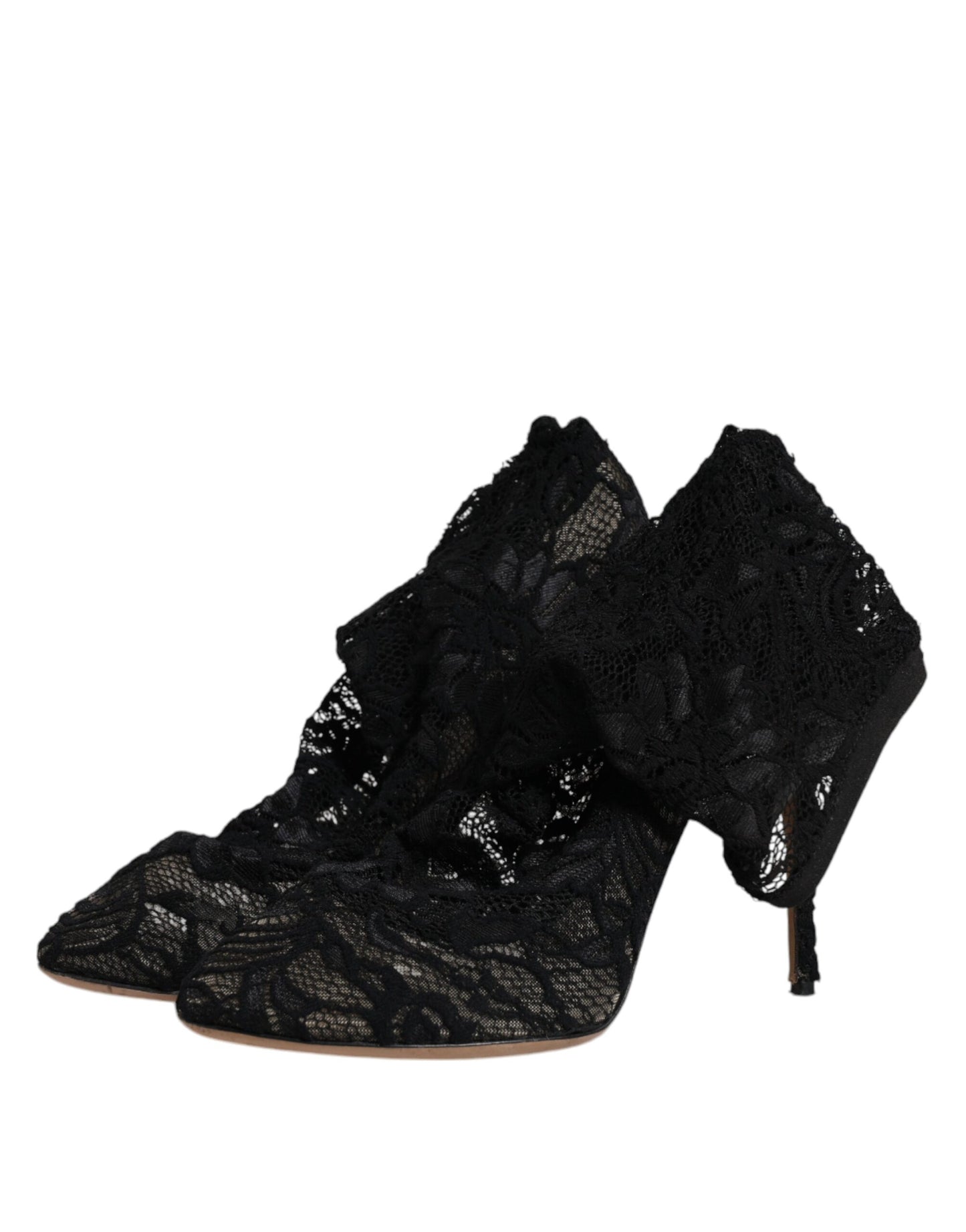 Dolce & Gabbana Black Lace Stretch Heels Mid Calf Boots Shoes