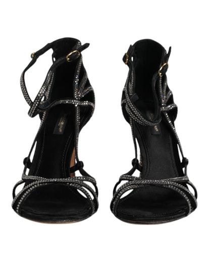 Dolce & Gabbana Black Strass Ankle Strap Heels Sandals Shoes