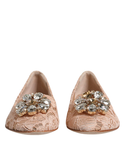 Dolce & Gabbana Beige Lace Crystal Ballet Flats Loafers Shoes