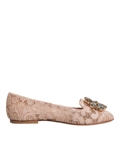 Dolce & Gabbana Beige Lace Crystal Ballet Flats Loafers Shoes