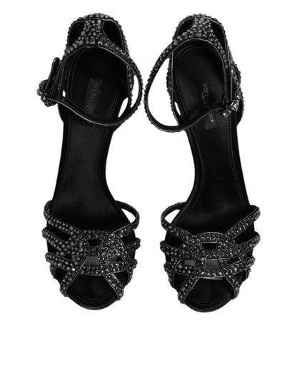 Dolce & Gabbana Black Strass Ankle Strap Heels Sandals Shoes