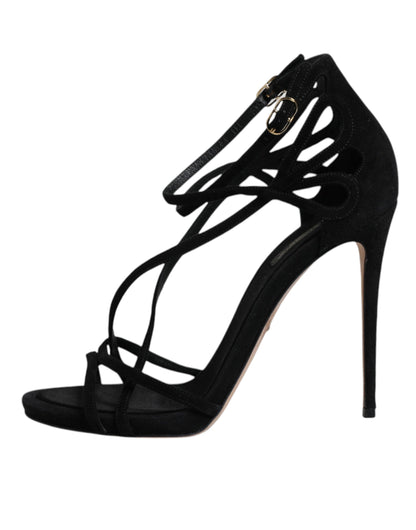 Dolce & Gabbana Black Suede Ankle Strap Heels Sandals Shoes