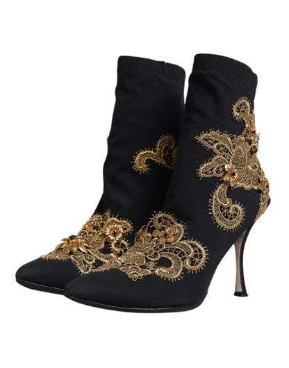 Dolce & Gabbana Black Gold Embroidery Slip On Boots Shoes