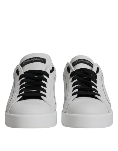 Dolce & Gabbana White Black Leather Low Top Sneakers Shoes