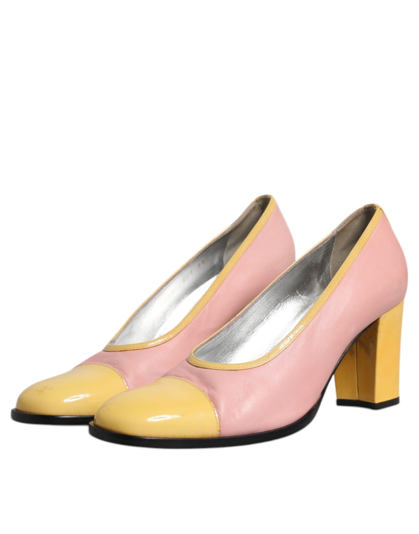 Dolce & Gabbana Pink Yellow Leather Block Heels Pumps Shoes