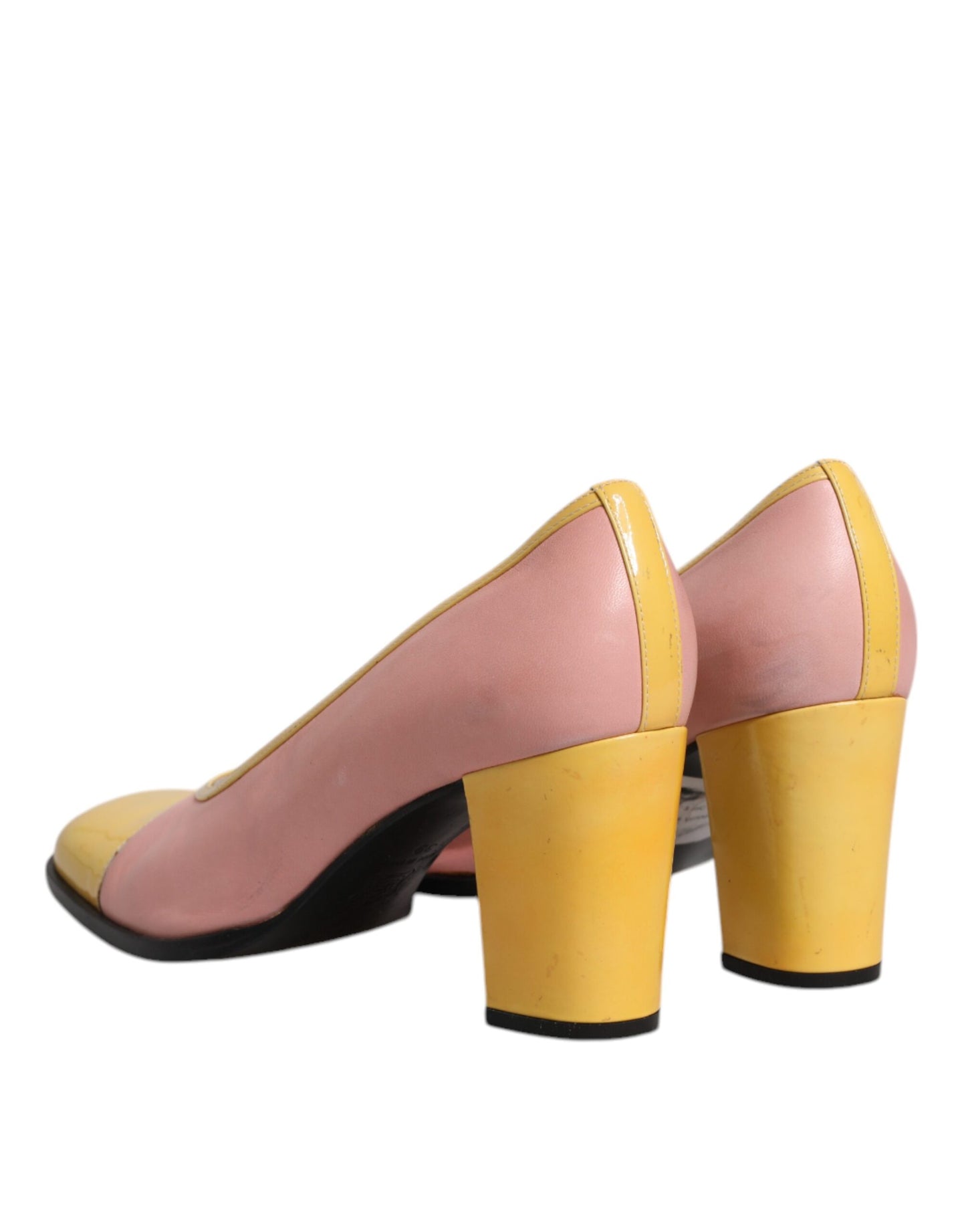 Dolce & Gabbana Pink Yellow Leather Block Heels Pumps Shoes